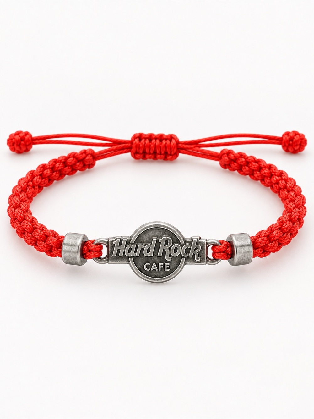 Hard Rock Cafe Red Braided Cord Adjustable Bracelet Silver-Tone Logo